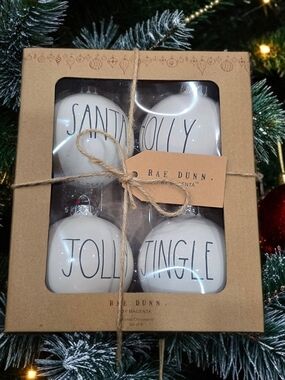 Rae Dunn White 'Santa / Jolly / Holly / Jingle' Ceramic Ornament Set